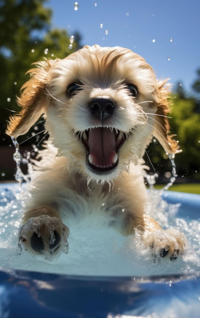 Un chiot enjoué dans une piscine pour enfants