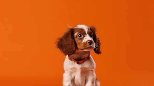 Chiot épagneul mignon sur fond orange avec bannière d'espace de copie