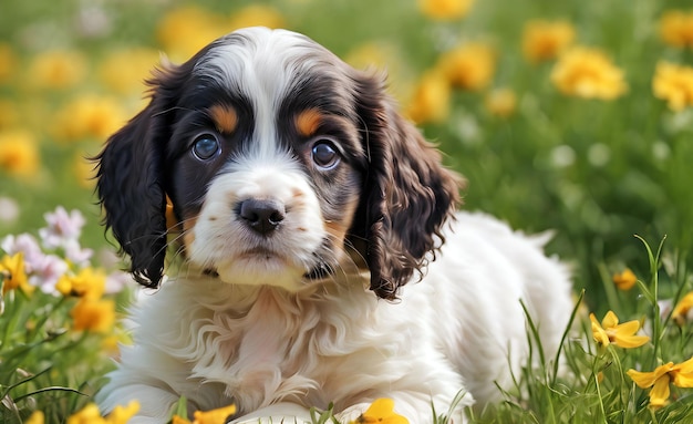 Un chiot d'espagnol dans l'herbe parmi les fleurs