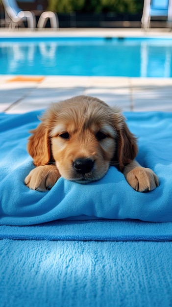 Photo un chiot est allongé sur une couverture bleue avec une couverture bleue