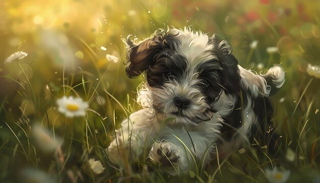 un chiot est allongé dans l'herbe avec des marguerites en arrière-plan