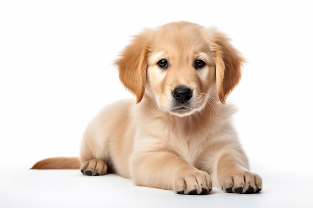 un chiot est allongé sur un fond blanc avec un fond blanc