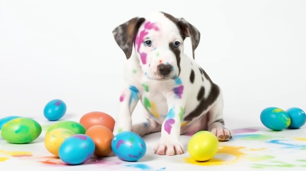 Un chiot est assis à côté d'un tas d'œufs de Pâques.