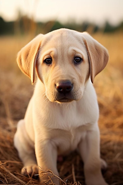 un chiot est assis dans l'herbe avec un visage brun