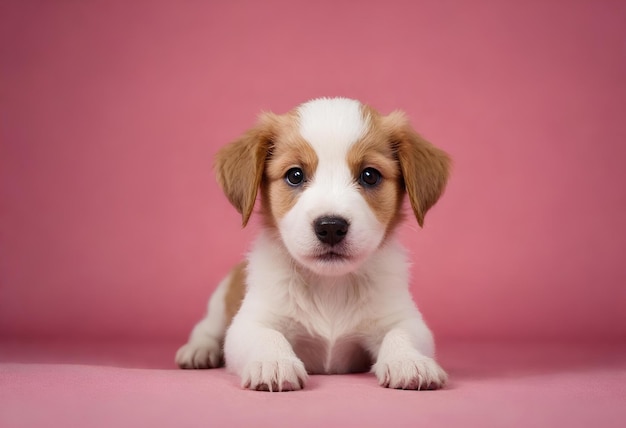 un chiot avec un fond rose