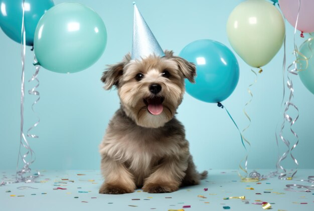 Un chiot à fourrure heureux avec un chapeau et des ballons à une fête d'anniversaire photo de haute qualité