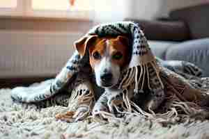 Photo un chiot froid se réchauffe sous une couverture près d'un radiateur dans le salonle concept d'une maison froide