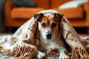 Photo un chiot froid se réchauffe sous une couverture près d'un radiateur dans le salonle concept d'une maison froide