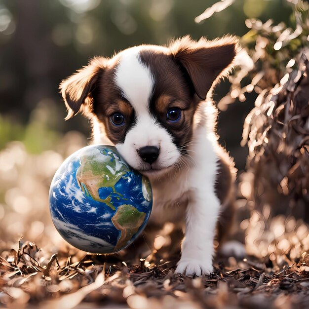 Photo un chiot avec un globe terrestre dans la bouche