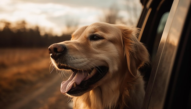 Chiot golden retriever assis dans la beauté de la nature générée par l'IA