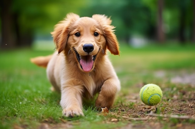 Un chiot de Golden Retriever courant dans l'herbe après une balle de tennis