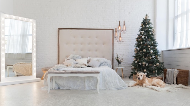 Chiot Golden retriever dans une luxueuse chambre éclectique classique aux couleurs vives avec lit king-size, miroir, arbre de Noël avec décoration et cadeaux dans des boîtes. Hôtel ou chambre d'accueil acceptant les animaux domestiques.