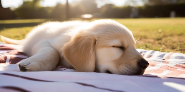 Un chiot golden retriever dort sur une couverture dans un champ.