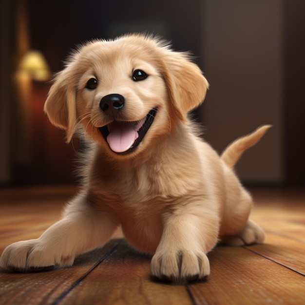 un chiot golden retriever est assis sur un plancher en bois