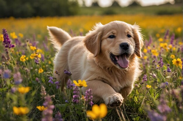 Un chiot de golden retriever est couché parmi les fleurs.