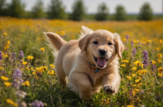 Un chiot de golden retriever est couché parmi les fleurs.