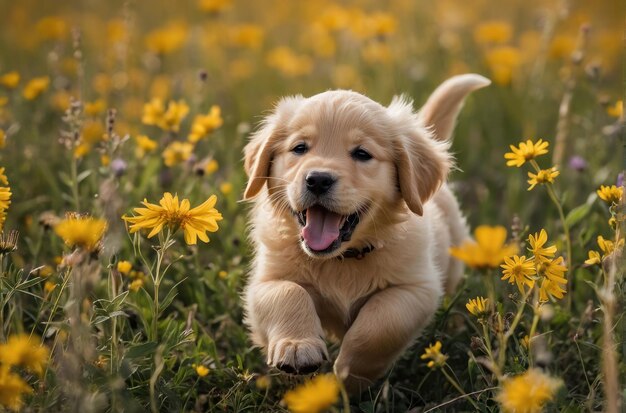 Photo un chiot de golden retriever est couché parmi les fleurs.