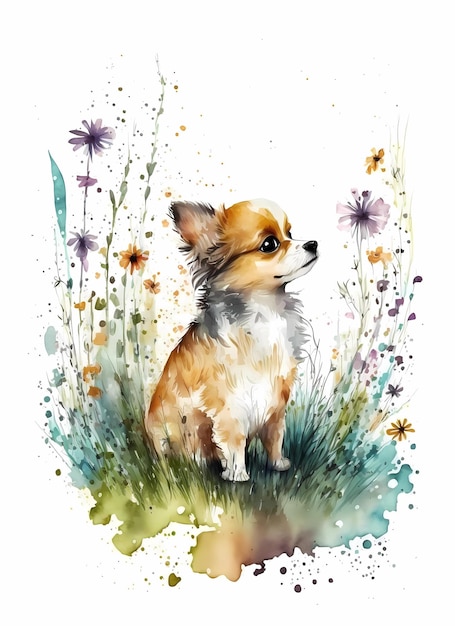 Chiot de golden retriever avec des fleurs portrait de chien à l'aquarelle créé à l'aide d'une IA générative