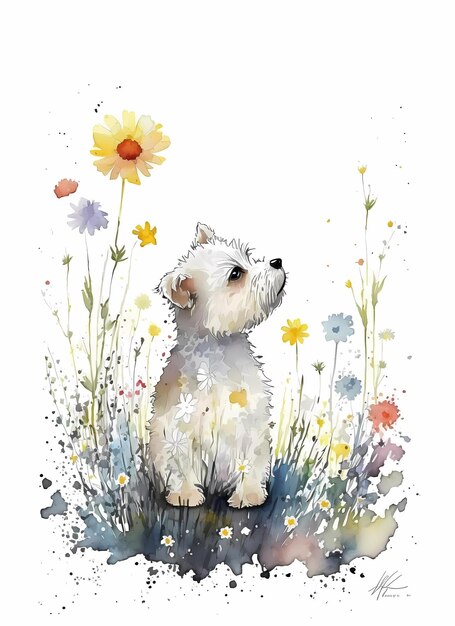 Chiot de golden retriever avec des fleurs portrait de chien à l'aquarelle créé à l'aide d'une IA générative