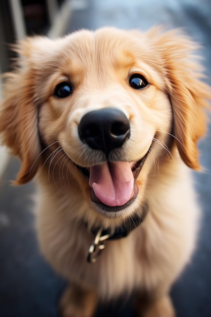 un chiot de golden retriever moelleux avec de grands yeux bruns et une expression heureuse