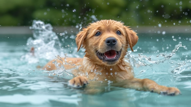 Un chiot de golden retriever nageant dans une piscine