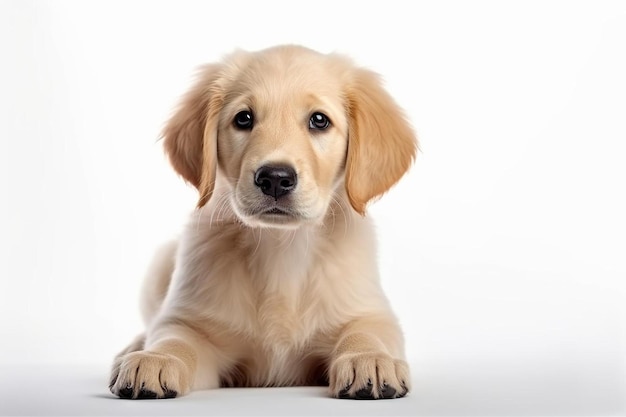 un chiot golden retriever posé sur une surface blanche