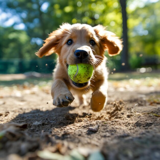 Un chiot de Golden Retriever qui court avec une balle de tennis dans la bouche.