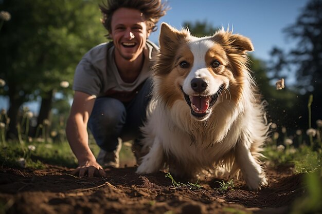 Un chiot heureux et son propriétaire jouant dans un parc AI