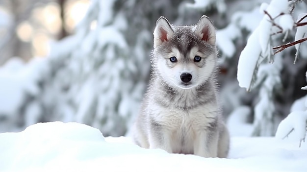 Chiot Husky dans la neige AI générative