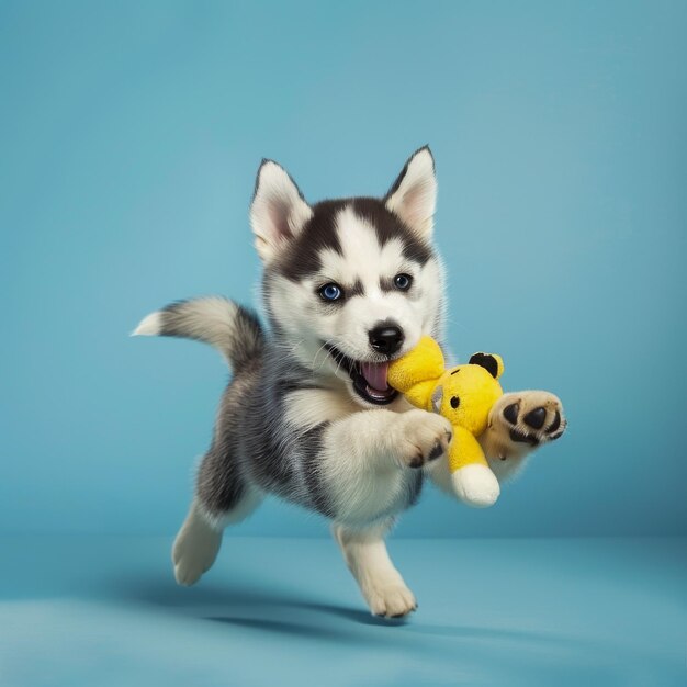 Un chiot husky sautant avec le visage flou