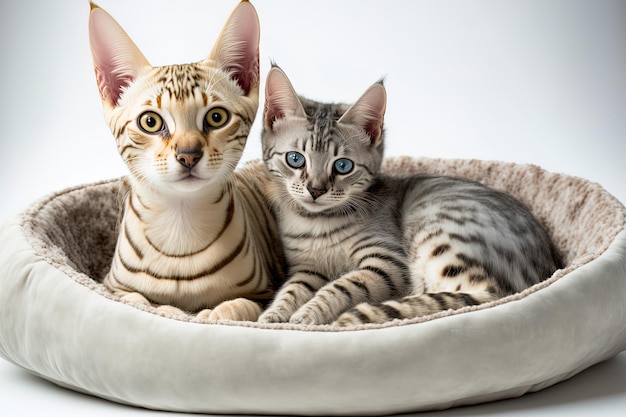 Chiot Husky sibérien et chat Bengal partageant un lit solitaire sur fond blanc
