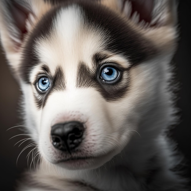 Un chiot husky à yeux bleus qui regarde la caméra.