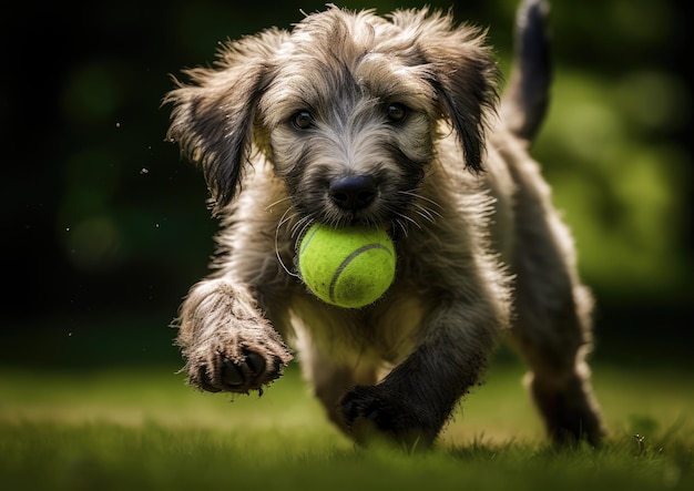 Un chiot Irish Wolfhound apprenant à aller chercher une balle, affichant son esprit ludique