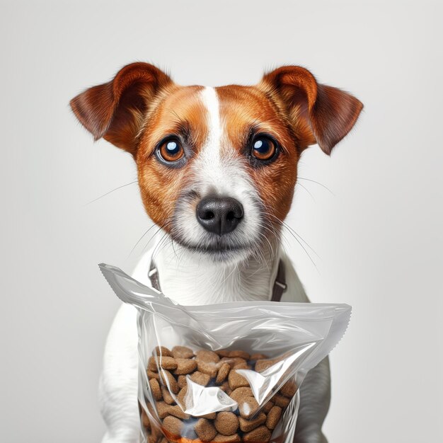 Photo chiot de jack russell avec un paquet de nourriture pour chien