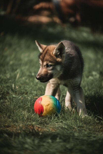 Un chiot jouant avec une balle dans l'herbe image ai générative