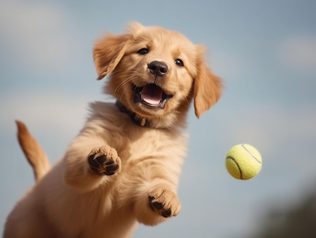 Un chiot jouant avec une balle de tennis