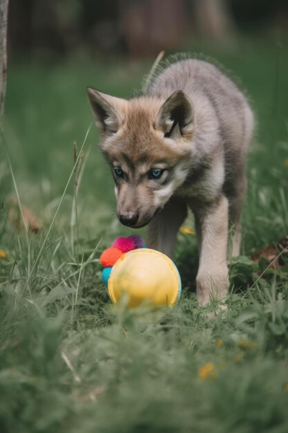 Un chiot jouant avec un jouet dans l'herbe image ai générative