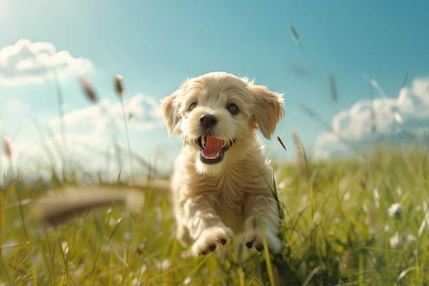 Un chiot joyeux sautant à travers un champ d'octane ren