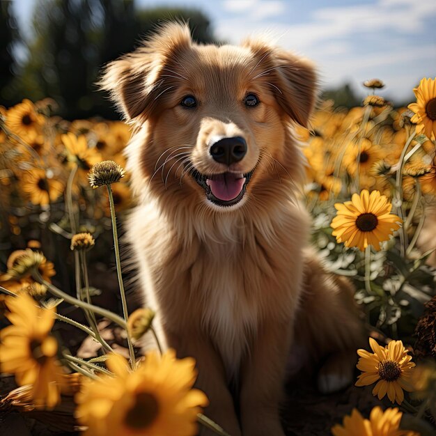 Chiot joyeux avec des tournesols