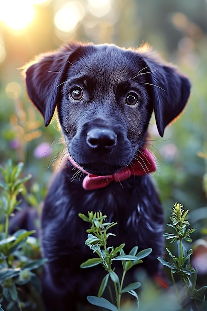 Un chiot de laboratoire noir avec un nœud rose debout dans l'herbe