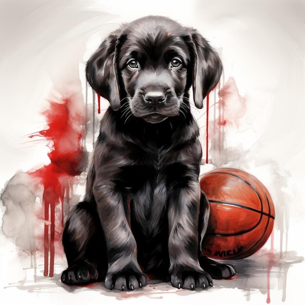 Un chiot de labrador noir assis avec un ballon de basket de la NBA