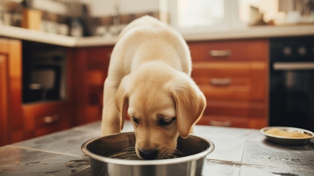 Un chiot de Labrador Retriever buvant de l'eau dans un bol dans la cuisine