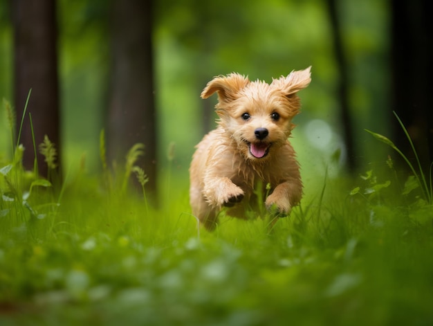 Un chiot ludique qui poursuit sa queue dans un parc vert luxuriant.