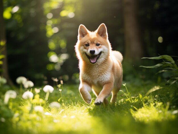 Un chiot ludique qui poursuit sa queue dans un parc vert luxuriant.