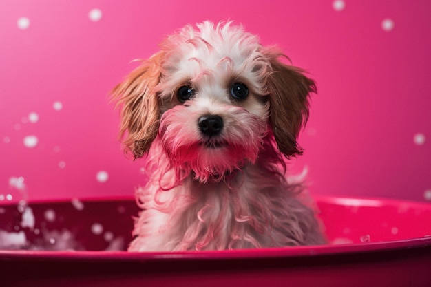 Chiot ludique se baignant dans la baignoire Pink Studio