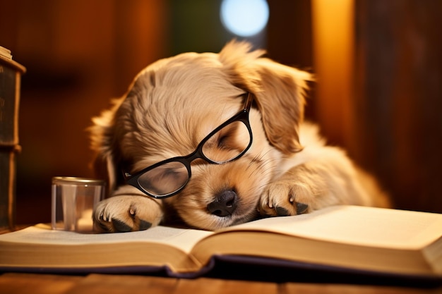 chiot avec des lunettes dormant sur un livre avec un verre d'eau ai générative