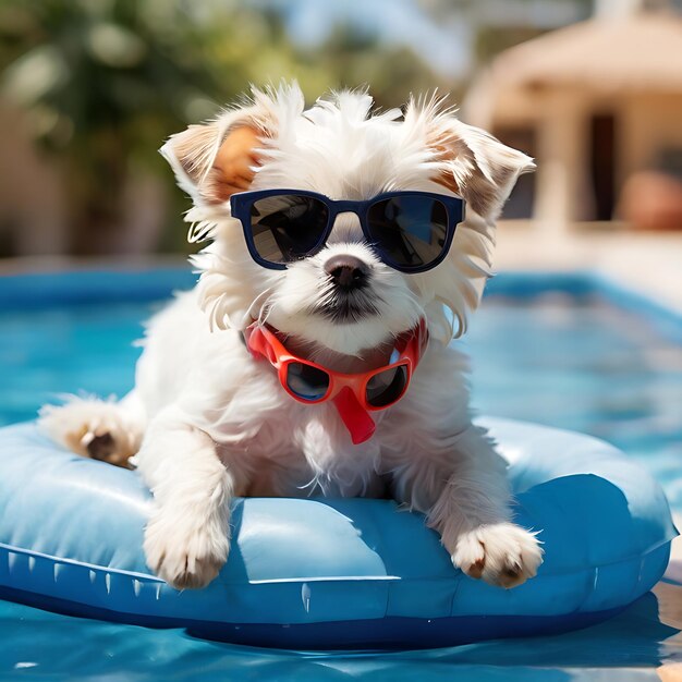 Un chiot maltais allongé sur un lit gonflable dans une piscine avec des lunettes de soleil sur la tête généré par l'IA