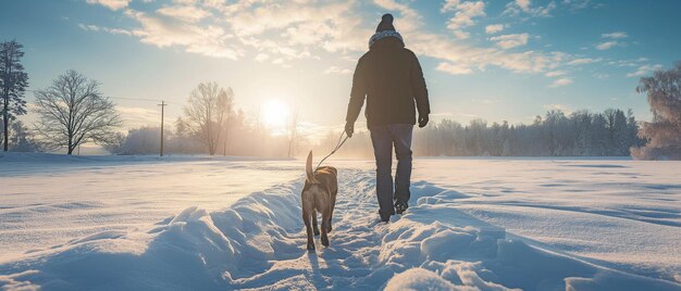 Photo un chiot marche dans la neige par une journée ensoleillée.