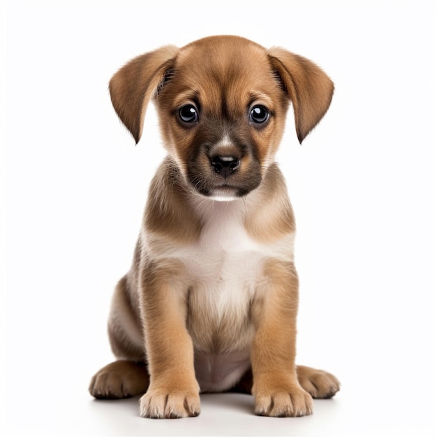 un chiot marron et blanc est assis sur un fond blanc.