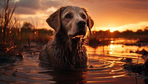 Un chiot mignon assis au bord de l'eau reflétant le coucher de soleil généré par l'intelligence artificielle